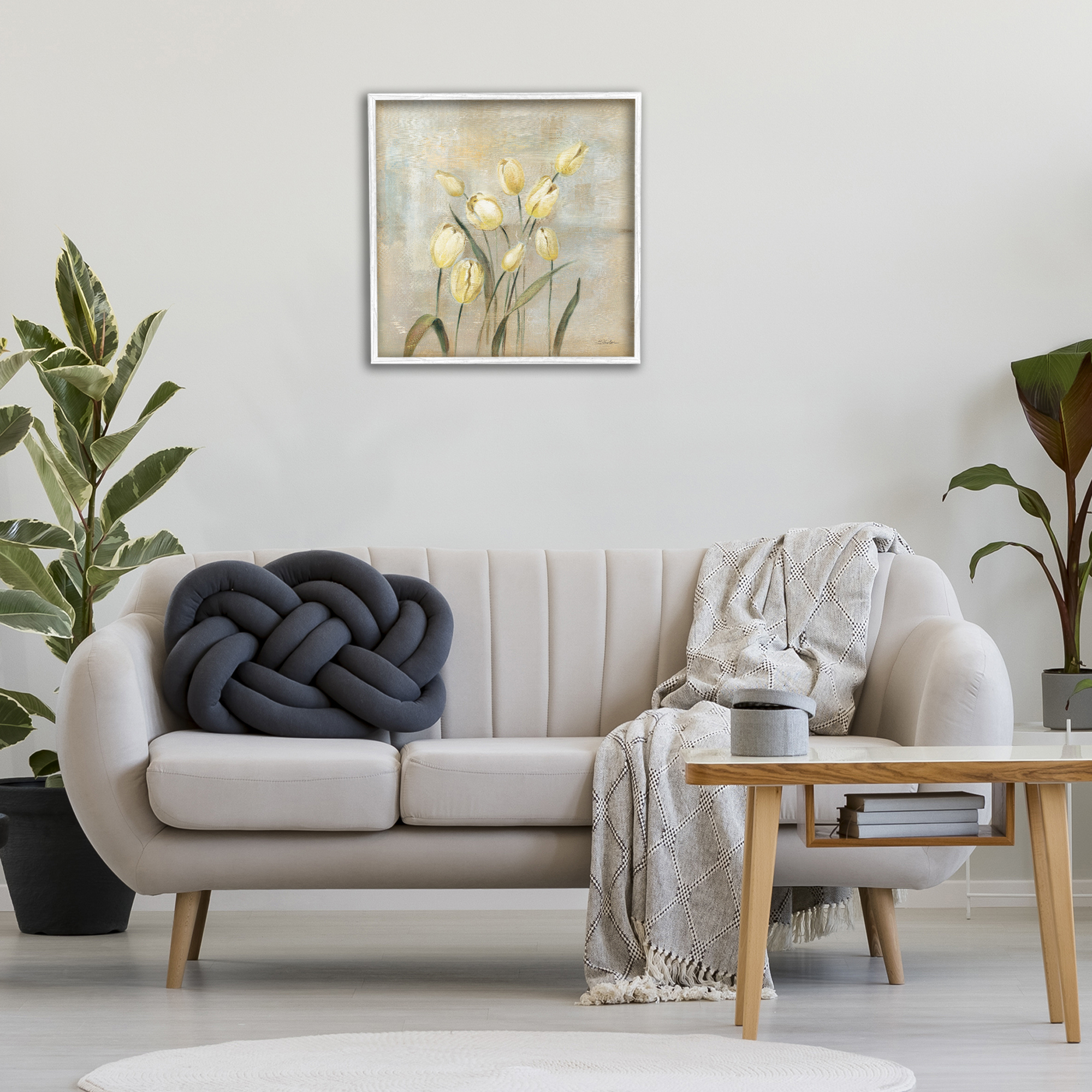 Stupell Industries Yellow Tulips on Beige Botanical & Floral Painting White Framed Art Print Wall Art, 24 x 24