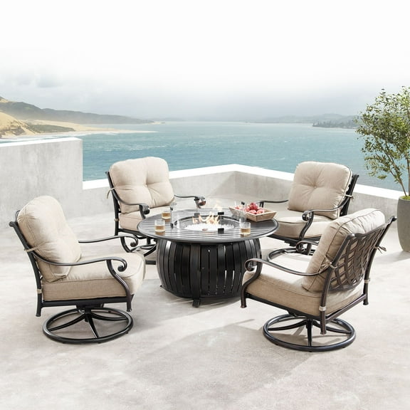 Outdoor Living and Style 5-Piece Brown and Charcoal Black Outdoor Patio Round Fire Table with Four