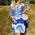 thumbnail image 3 of Blue Willow Chinoiserie Blue And White Women's 3/4 Sleeve Dresses Elegant A-Line Midi Dress Flare Summer Casual Sundress, 3 of 9