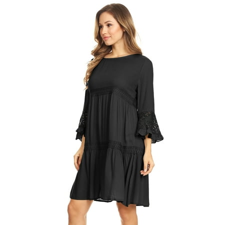 Feinuhan Women s Casual Semi Sheer A-line Crochet Lace Bell Sleeve Boho Beach Babydoll Ruffle Dress  Black  Small