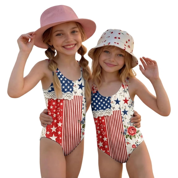 Grblisyd 4th of July Girls Swimsuit American Flag Quick Dry Swimwear Red White and Blue Crew Neck Beach Patriotic Bathing Suit