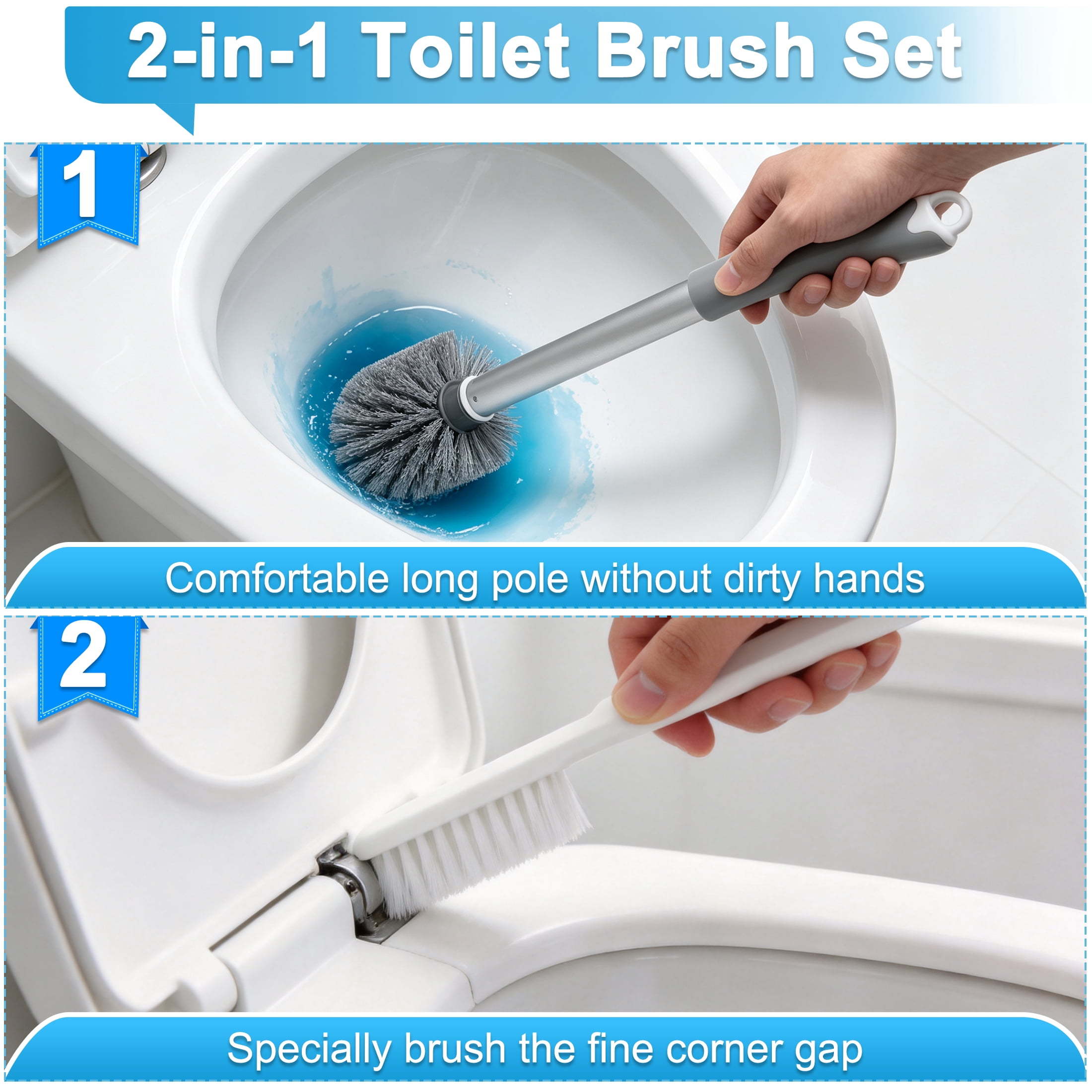 2 Pack Toilet Brush and Holder Set with Side Mini Brush, Toilet Brush Set with Drainage Drawer, Wall Mount & Freestanding Bathroom Toilet Cleaner Brush, Long Handle Toilet Bowl Cleaning Brush
