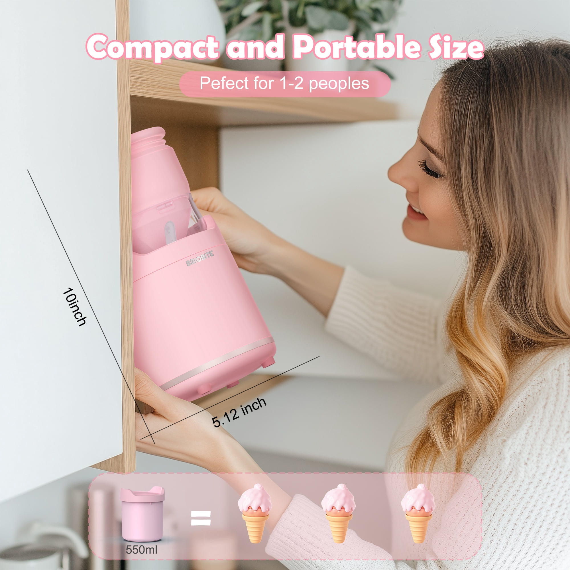 BRIOBITE Soft Serve Ice Cream Maker 0.5 Qt Rechargeable Mini Machine for Sorbet, Gelato, Frozen Yogurt Maker Pink