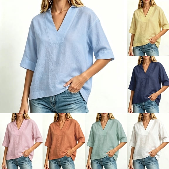 Asgosdo Summer Tops for Women Plus Size Half Sleeve V Neck Solid Color Loose Fit Blouses Basic Comfy Shirts