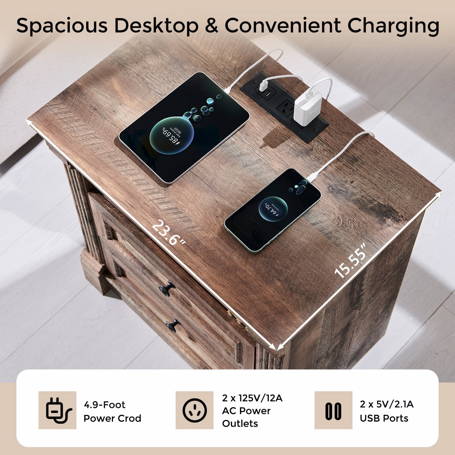 wow97e Farmhouse 3-Drawer Nightstand with Charging Station, Wood End Table with Roman Column for Bedroom, Light Brown