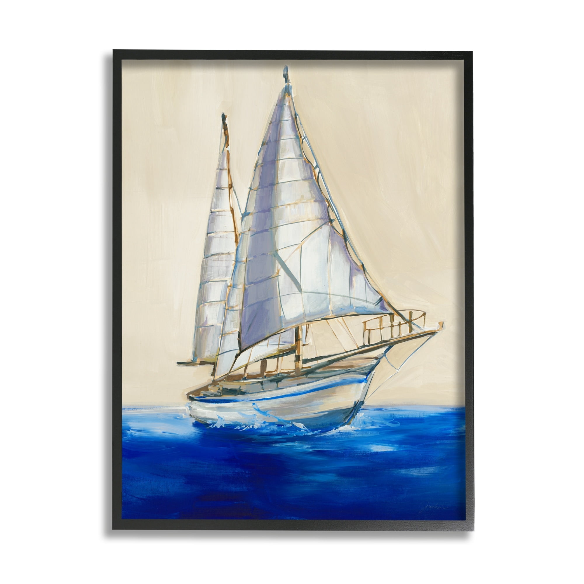 Stupell Industries Contemporary Sailboat Yacht Deep Blue Waves Neutral Sky Paintings Black Framed Art Print Wall Art, 16x20, by Liz Jardine