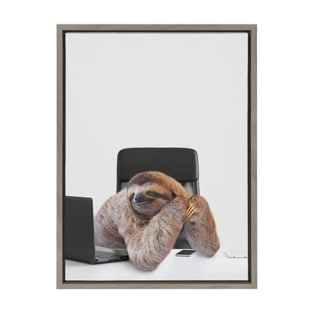 Kate and Laurel Sylvie Sam Director of Shipping Framed Canvas Wall Art by The Creative Bunch Studio, 18x24 Gray, Humorous Sloth Office Art
