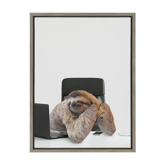 Kate and Laurel Sylvie Sam Director of Shipping Framed Canvas Wall Art by The Creative Bunch Studio, 18x24 Gray, Humorous Sloth Office Art