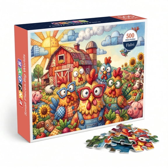 Patchwork Farm Chickens Jigsaw Puzzle for Adults 500 Pieces, Whimsical Folk Art Style with Colorful Quilted Design, Premium Thick Cardboard Matte Finish, Perfect Gift for Animal Lovers