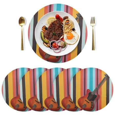 

joogoo A Guitar on Stripe Round Plate Mats for Dining Table Placemat Set of 6 Holiday Decoration
