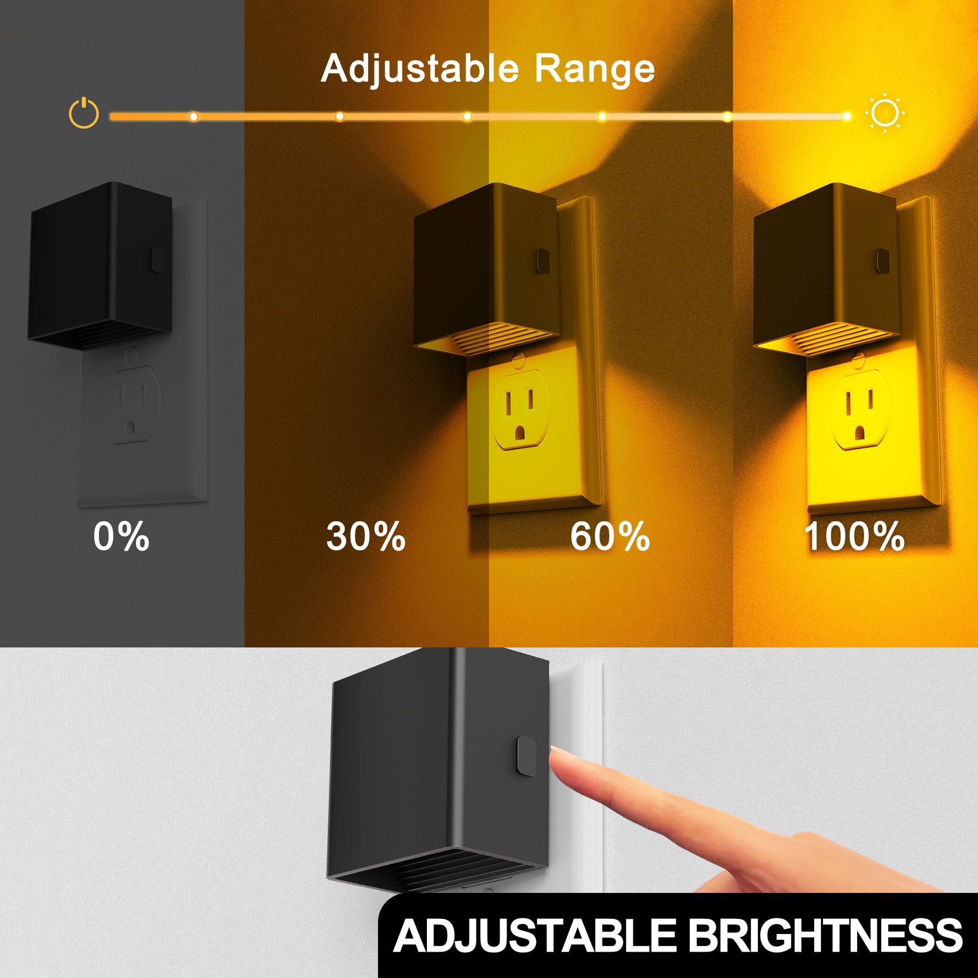 LOHASLED 2 Pack Black Amber Dimmable Square Night Light 3-Level