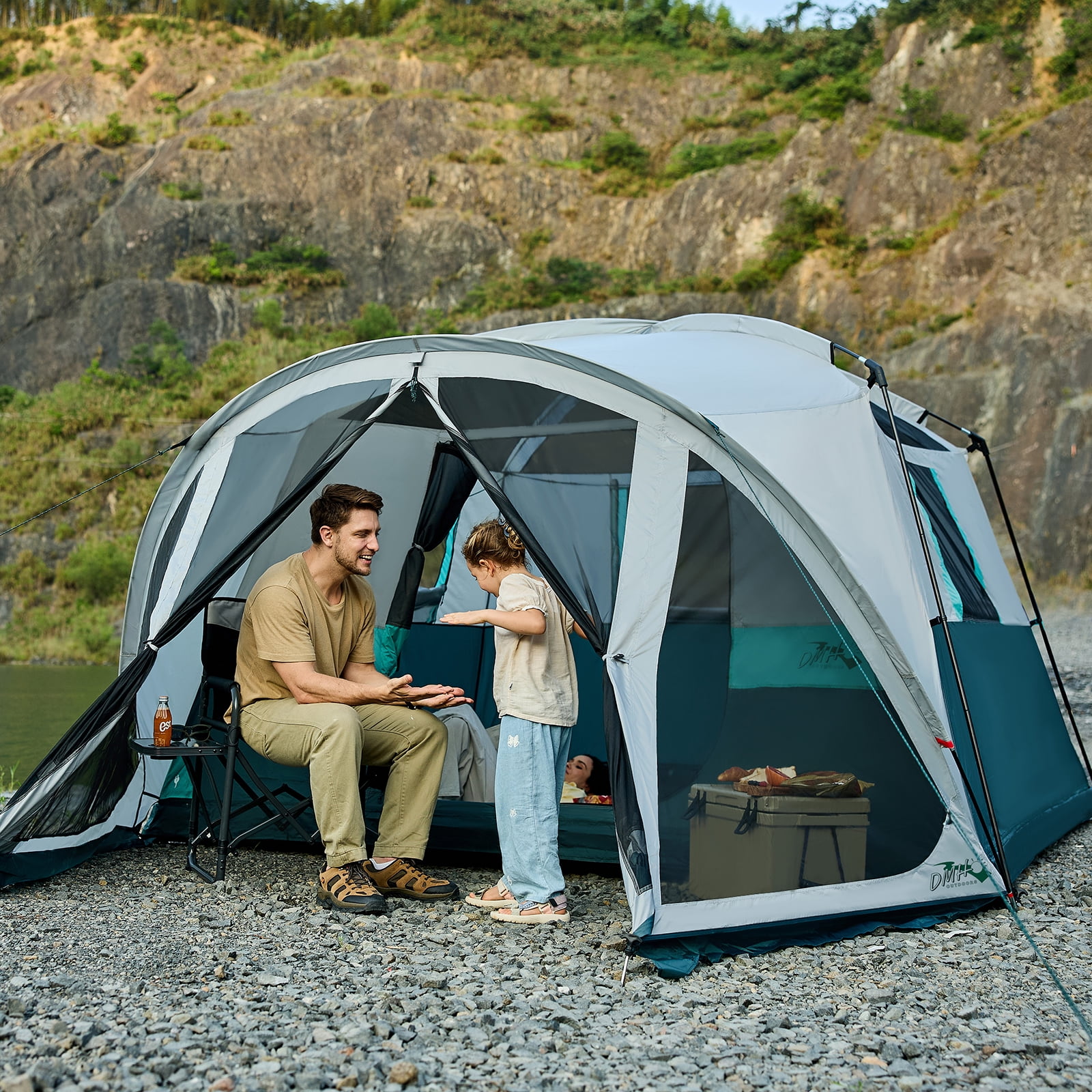 6 Person Family Cabin Tent with Screen Porch, DMH OUTDOORS Camping Tent for Outdoor Camping Backyard Green