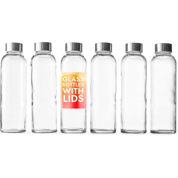 Epica Glass Water Bottle Reusable Glass Juice Bottles with Lids, 18 fl oz Capacity, 6-Pack