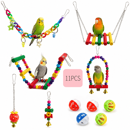 WLGJL 11pcs Bird Toys for Parakeets & Small Birds - Wooden Perch Swings, Ladder & Climbing Toys for for Budgerigar, Parakeet, Conure, Cockatiel, Mynah, Love Birds, Finches