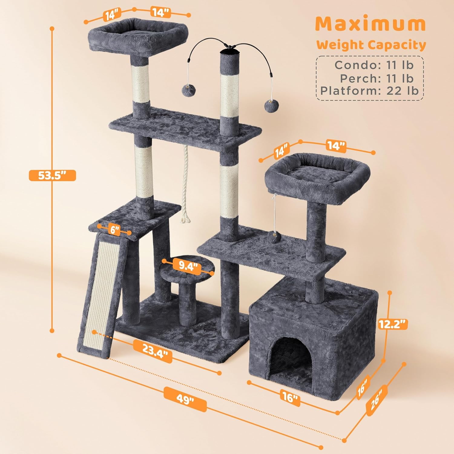 Pefilos 53" Cat Tree Pet Play House with Sisal Scratching Posts, Condo, Perches, Wide Platform for Indoor Kittens/Adult Cats, Gray