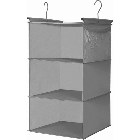 3 Tier Shelf Hanging Closet Organizer, Space Saver,Closet Hanging Shelf with 2 Sturdy Hooks for Storage, Foldable (Grey)