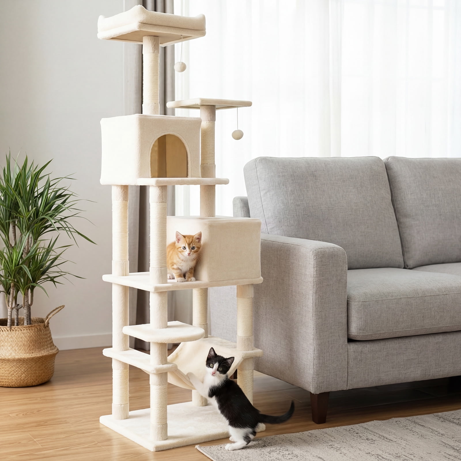 Costway 70” Cat Tree for Indoor Cats with Padded Top Perch, Dual Condos, Hammock, Platforms Beige