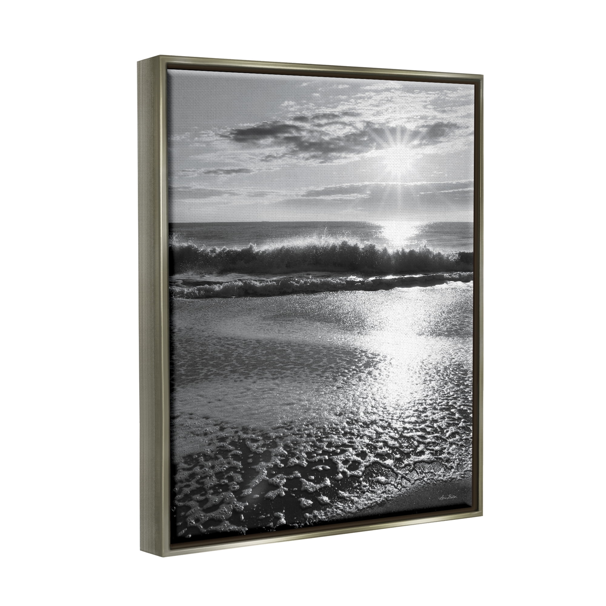Stupell Shining Sun Beach Foam Reflection Landscape Photography Gray Floater Framed Art Print Wall Art