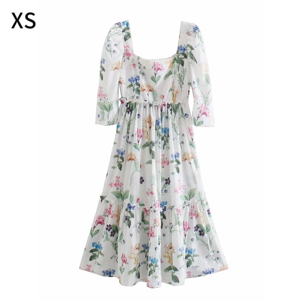 Vestido Vestido largo informal de algodón de manga media con cuello cuadrado y estampado floral, XS kenally AP001360-01B