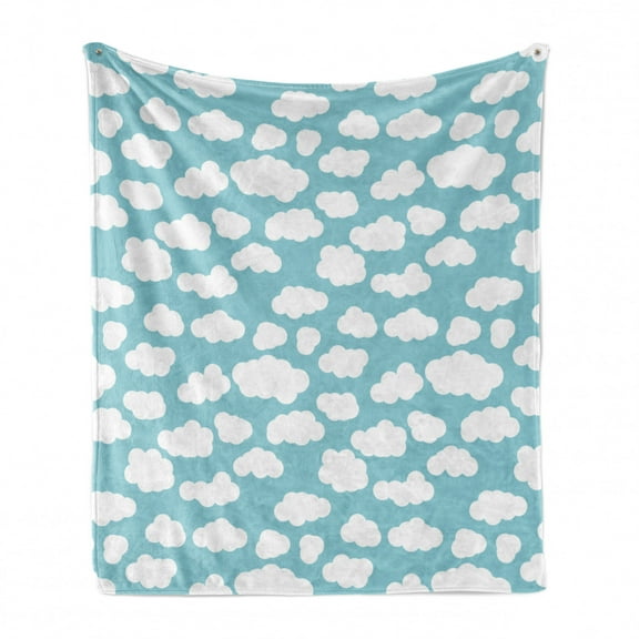 Blue Sky Soft Flannel Fleece Blanket, Repetitive Bicolour Clouds Fluffy Cartoon Style Pattern Monochrome, Cozy Plush for Indoor and Outdoor Use, 60" x 80", Pale Turquoise and White, by Ambesonne