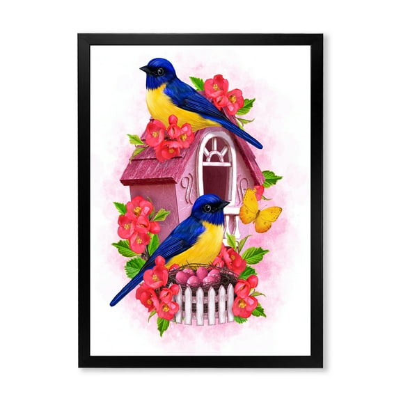 Designart 'Two Yellow and Blue Tit Birds Sitting Near The Nest' Traditional Framed Art Print