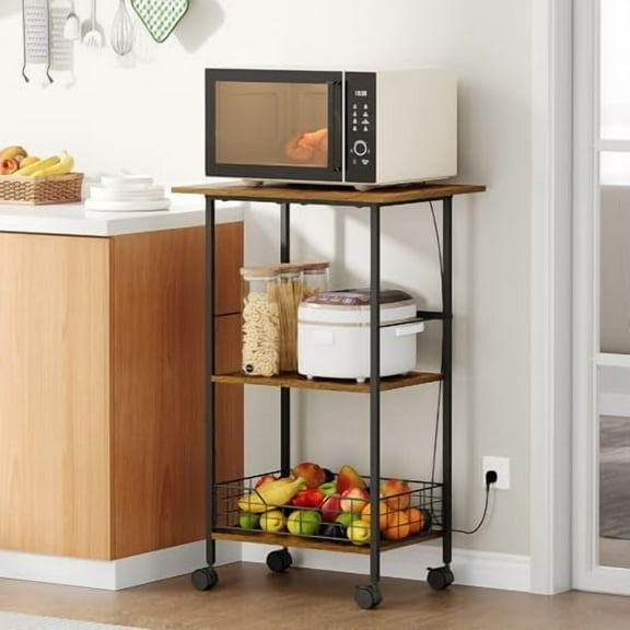 Microwave Cart with Storage, 3-Tier Rolling Kitchen Stand with Wire Basket, Wood and Metal Utility Cart on Wheels, Coffee Bar Station, Small Baker’s Rack As Kitchen Island, Microwave Shelf Organizer