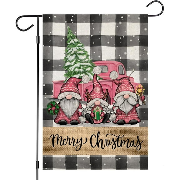 Merry Christmas Garden Flags for Outside, Buffalo Plaid with Pink Gnomes Truck Trees Small Yard Flags, Winter Xmas Seasonal Outdoor Decor for Farmhouse Holiday,12x18 Double Sided