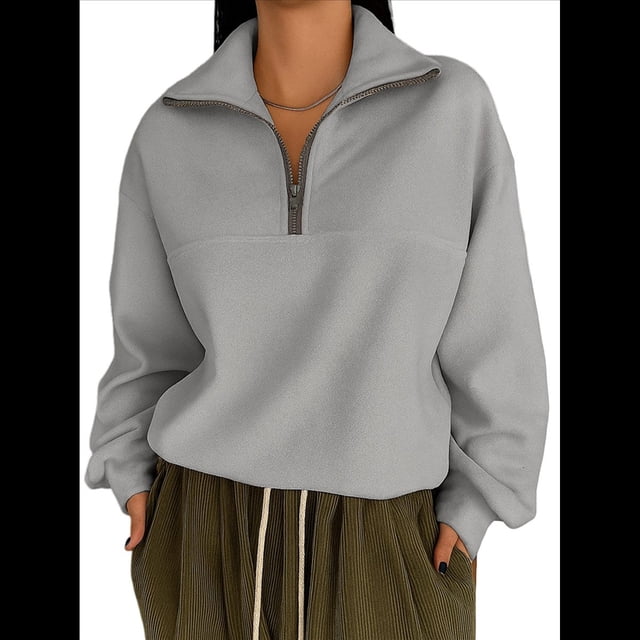 Sudaderas de Gran Tamaño para Mujer, Suéteres de Otoño, Sudaderas con Capucha de Moda, Suéter con Media Cremallera, Ropa de Larga. Gris L