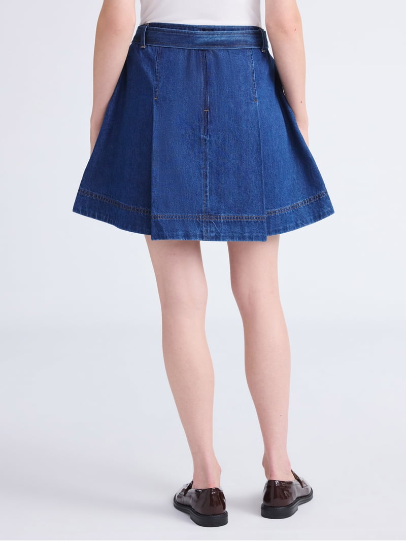 Free Assembly Women's Pleated Denim Mini Skirt with Belt, Sizes 0