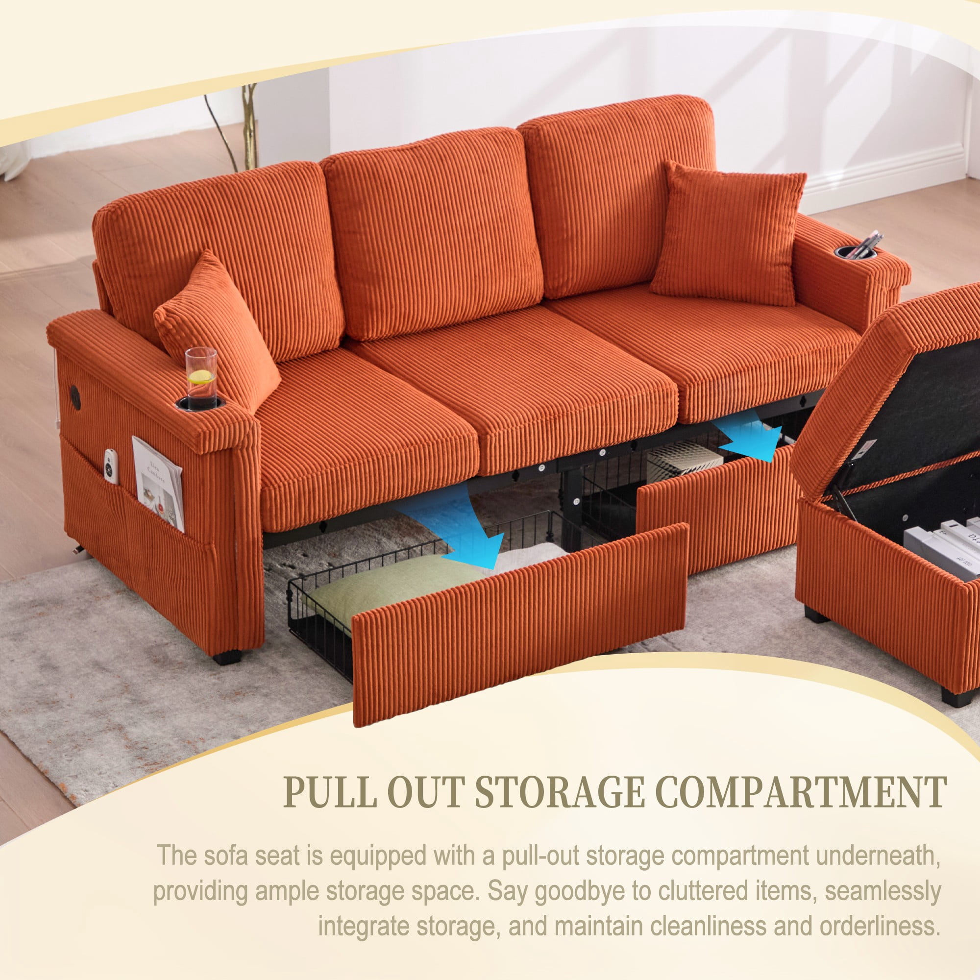 L-Shaped Sectional Sofa,Corduroy Convertible 3-Seat Sofa Couch with Pull-Out Storage,Ottoman for Living Room,Apartment,Orange