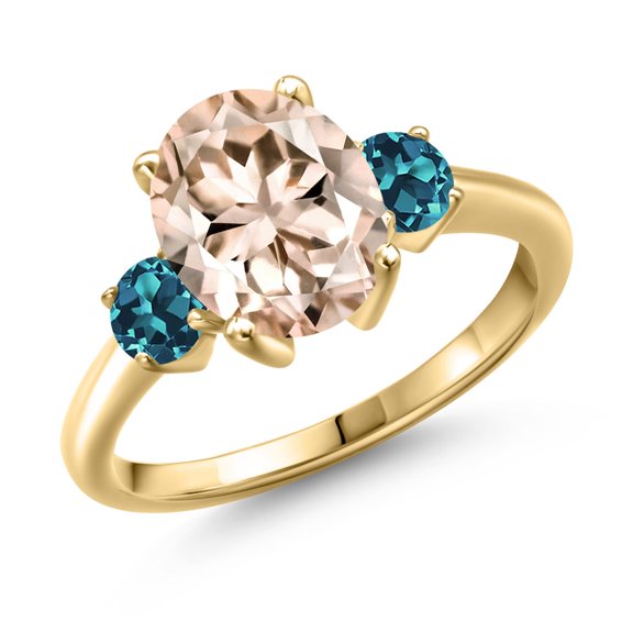 Gem Stone King 2.66 Ct Oval Peach Morganite London Blue Topaz 18K Yellow Gold Plated Silver Ring (Size 8)