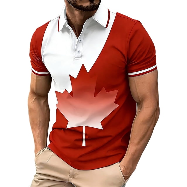 Product Classification Shirt for Men with Maple Leaf Button Design Breathable Knit Short Sleeve Performance Top for Everyday Casual Wear