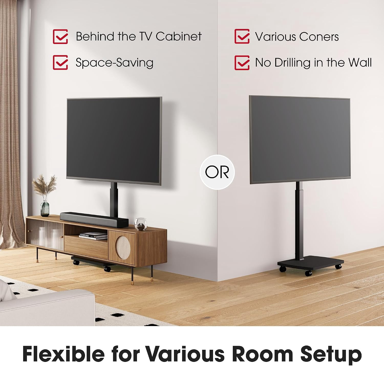 AOKCOS Rolling TV Stand for 43–75 Inch TVs, Black, Swivel & Tilt, Height Adjustable
