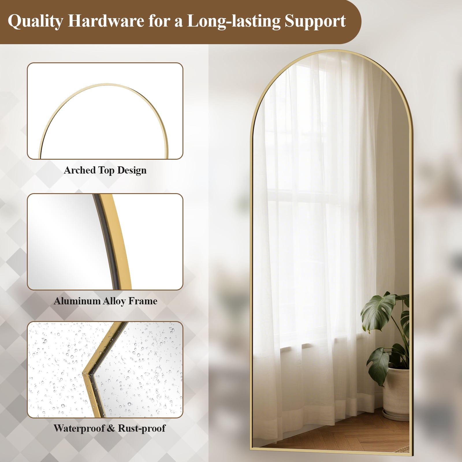 AUROMIR 71"x26" Arched Full Length Mirror Floor Mirror Full Body Standing Mirror, Gold