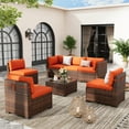 thumbnail image 3 of Poteban 7 Pieces Outdoor Sectional Sofa Set , PE Wicker Rattan Slanted Back Outdoor Conversation with Cushions and Glass Coffee Table for Backyard Garden, Orange, 3 of 11
