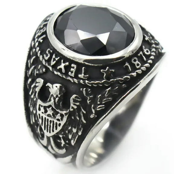 K-KED TEXAS 1876 UNIVERSITY RING STAINLESS STEEL BLACK AGATE EAGLE BIKER GOTHIC RING-10