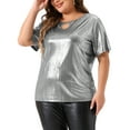 thumbnail image 2 of DARING DIVA Women's Plus Keyhole Metallic Round Neck Blouse 1X Silver, 2 of 6