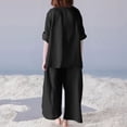 thumbnail image 5 of CIENVNSTG 2 Piece Sets Woman Trendy V-Neck Long Sleeve Linen Shirt Top Drawstring Straight Pants Set Black M, 5 of 5