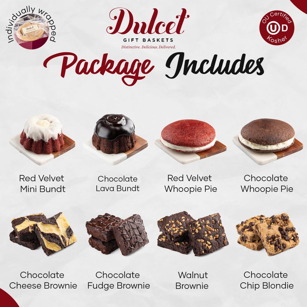 Dulcet Gift Baskets Mini Fluted Glazed Cakes with Whoopie Pie Signature Gift Basket Box