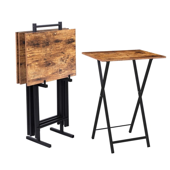 Rustic Brown Black Folding TV Tray Table Set of 4 with Storage Rack
