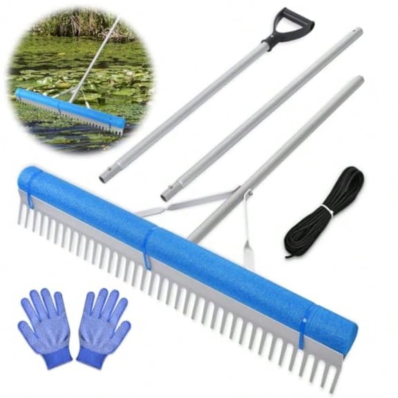 Floating Weed Lake Rake 36 Aluminum Landscape Rake with Adjustable Handle 33FT Rope Float Weed Algae Removal of Leaves Floating Scum Multifunctional Detachable Aquatic Weed Rake with Gloves