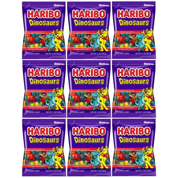 Haribo Dinosaurs Pack of 9 (5oz Bags) Variety of Fruit Flavors Gummy Candy