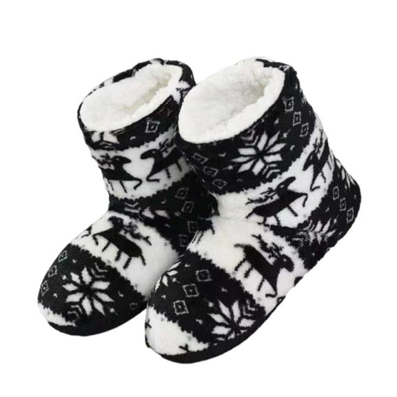 Lovskoo Unisex Adult Fluffy Christmas Deer Slipper Plush Boots Ladies Indoor Outdoor Non-Slip Ankle Bootie Thermal Warm Shoes for Men Women Black