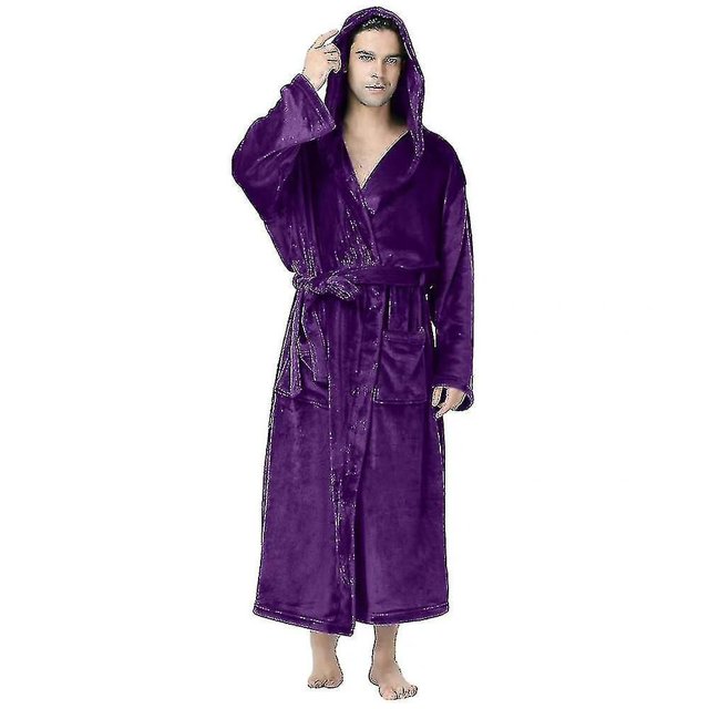 Plus Size Men Luxury Dressing Gown Hooded Warm Fleece Bathrobe Soft Cozy Lounge Robe Nightwear