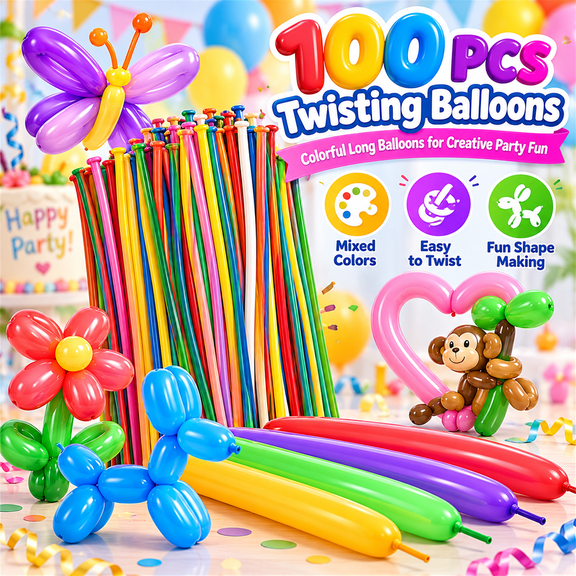 100pcs Twisting Balloons, 9.8 inch Uninflated 51.2 inch Inflated Mixed Color Long Latex Balloons for Balloon Art, Animal Shapes, Birthday Parties, Carnivals, Stage Shows and Event Decorations