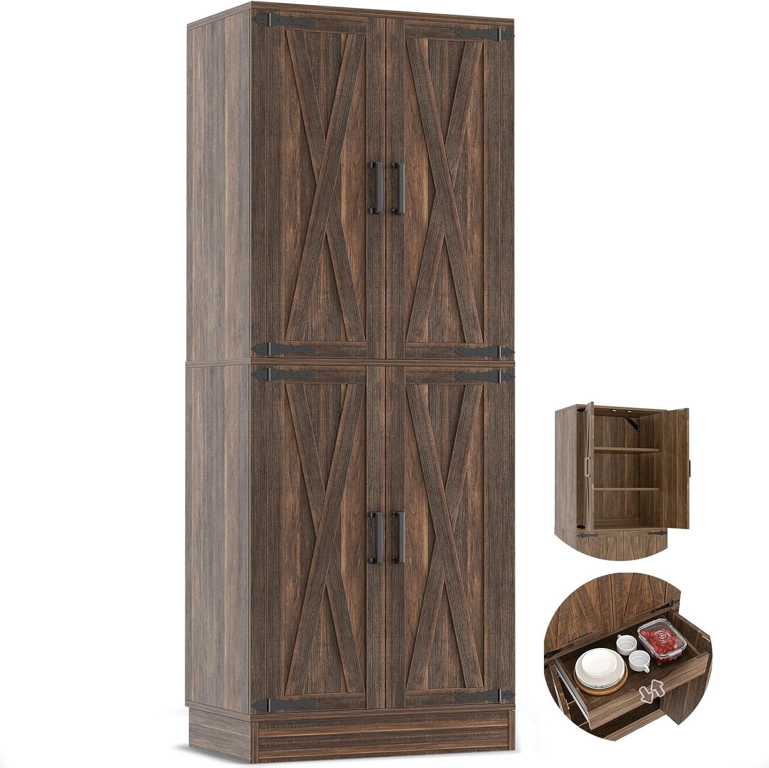 iSunirm 71" Tall Kitchen Pantry Storage Cabinet with Drawer, 4 Doors and 4 Adjustable Shelves, Freestanding Wood Farmhouse Pantry Cabinet for Kitchen, Dining Room, Pantry