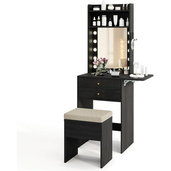 LDAILY Small Vanity Desk with Mirror and Lights, Modern Slim 3 in 1 Vanity Desk with Charging Station and Foldable Side Table, Compact Vanity with Hidden Chair and 2 Drawers for Bedroom (Black)