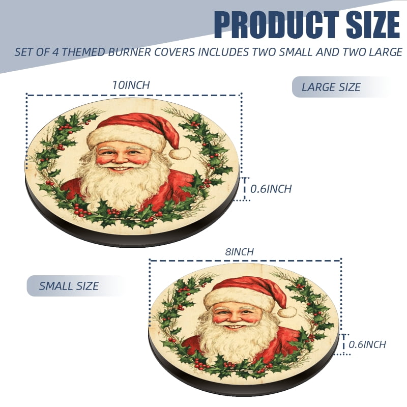 Christmas Round Electric Stove Burner Covers, Christmas Smiling Santa Claus with Xmas Wreath 4Pcs Top Covers for Electric Stove Burner for Kitchen Holiday Decoration, 8 Inches and 10 Inches