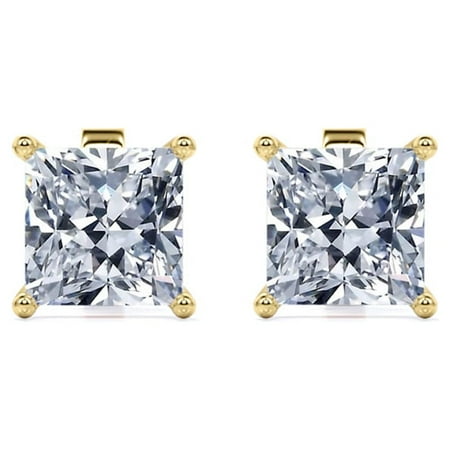 JeenMata Certified 2.5 Carat Princess Cut Moissanite 4 Prong Solitaire Stud Earrings In 18K Yellow Gold Plating Over Silver