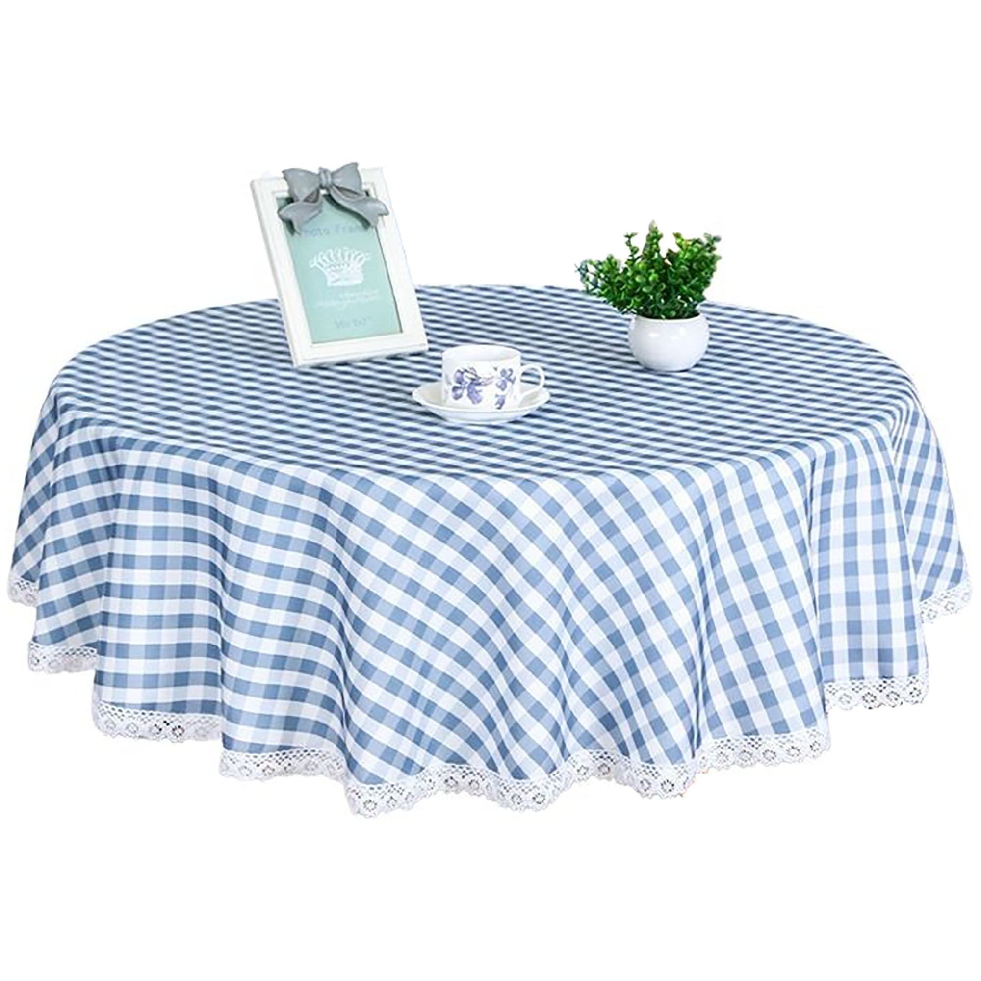 Round Tablecloth,Waterproof Plaid Tablecloth With Lace,Polyester Circle